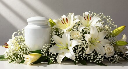 White cremation urn with lily flowers and baby breath arrangement. Funeral service and memorial tribute concept. Sympathy gifts, florist services, grief support