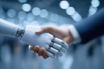 Human hand shaking hands with ai robot in a futuristic business setting