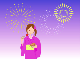 花火大会と浴衣女性のイラスト