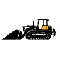 A tracked bulldozer, powerfully moving earth, shown in profile view, with a large scoop filled with dirt.