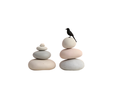 Two Balanced Stone Stacks with a Black Bird on Top of One Stack Pale Pink Beige and Gray Stones Minimalist Zen Still Life isolated on a transparent background