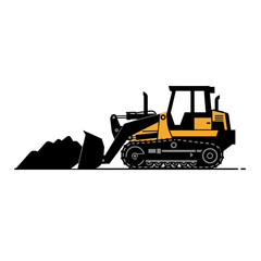 A yellow and black bulldozer, tracked vehicle, moving earth with its bucket.