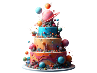 A multilayered fantasy cake adorned with pastel planets vibrant spheres and textured frosting isolated on a transparent background
