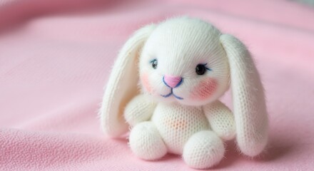 Fototapeta premium Cute white knitted bunny toy sitting on soft pink blanket. Handmade rabbit plushie for children and baby gifts. Easter decoration concept