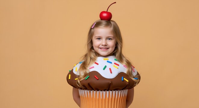Little girl wearing cupcake costume with cherry on top smiling happily. Sweet dessert outfit for Halloween parties. Bakery marketing, children entertainment, party supplies - Powered by Adobe