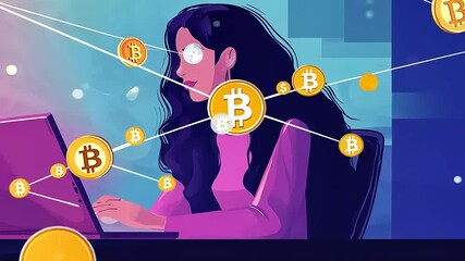 Woman engaging with cryptocurrency on a laptop, digital currency symbols floating around her - Powered by Adobe