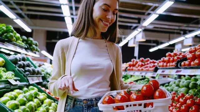 Smiling woman selects fresh produce in vibrant supermarket aisle - Powered by Adobe