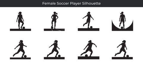 Silhouette depictions of dynamic female soccer player actions on a white background