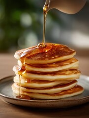 Stack of fluffy pancakes with syrup pouring over on ceramic plate
