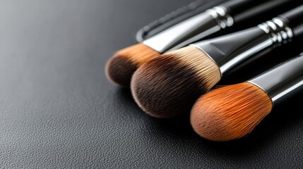 three makeup brushes on a black surface