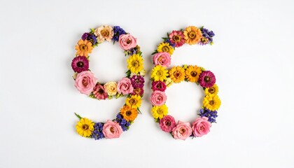 Number 96 made out of flowers with solid white background. Photo for 96th birthday or anniversary party