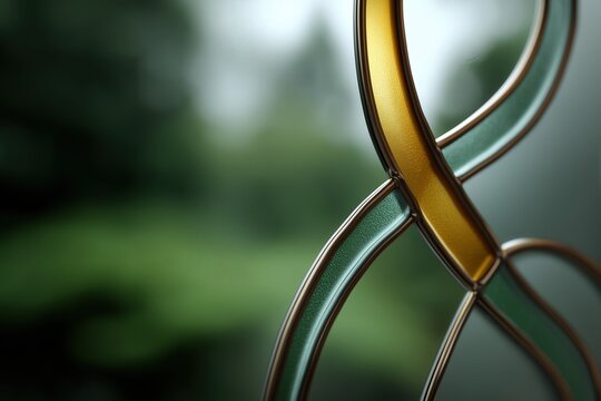 Close-up of decorative stained glass with yellow and green curves on blurred nature background