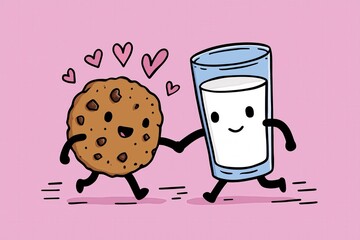 Cute cartoon cookie and milk glass holding hands with hearts on pink background