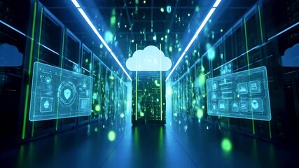 Futuristic data center with glowing cloud and digital interfaces showcasing technology and innovation - Powered by Adobe