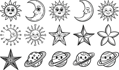 Celestial Sun Moon Star  Planet Line 16 Design Elements