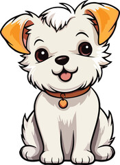 Obraz premium Cute cartoon illustration of a happy white puppy with big eyes and orange ears, wearing a collar with a heart tag. Ideal for kids' designs, pet branding, and playful graphics.