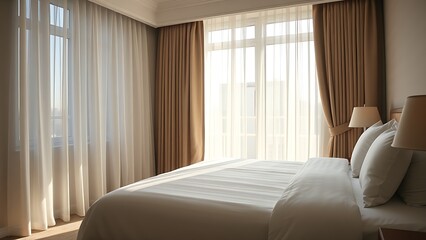 Obraz premium A serene hotel room bathed in morning light, with neatly made bed and sheer curtains.