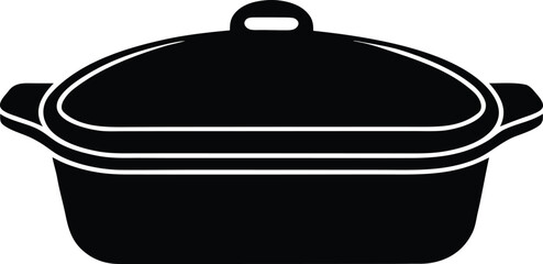 Black and white illustration of a covered oval roasting pan