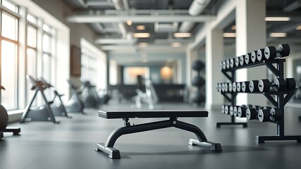 Fototapeta premium Minimalist gym setup featuring a weight bench and dumbbells, evoking a professional athletic environment.