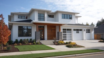 A brand-new home with modern architecture, featuring a clean, white exterior and a spacious lawn.