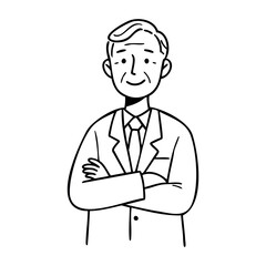 Elderly caucasian male in business attire with arms crossed. Vector hand-drawn doodle illustration