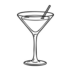 Outline drawing of a cocktail glass with straw. Vector hand-drawn doodle illustration