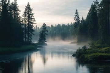 Forest river with rocky banks and tall trees