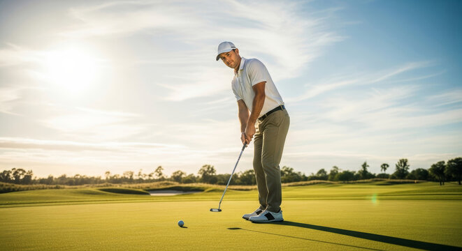 golf player aiming putt on green with coach assisting, alignment stick or laser pointer showing line, focused body position, learning