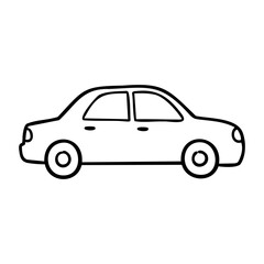 Fototapeta premium Minimalist black and white line drawing of sedan car side view. Vector hand-drawn doodle illustration