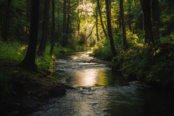 Fototapeta premium Peaceful stream in forest with gentle light