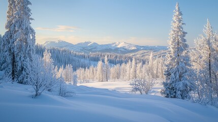 A snowcovered winter landscape with frozen trees, mountains in the distance, and a soft blue sky.