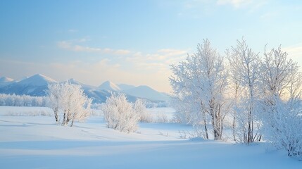 Obraz premium A snowcovered winter landscape with frozen trees, mountains in the distance, and a soft blue sky.