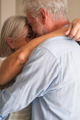 Senior couple in their 70s sharing loving and tender moments at home. A heartwarming scene of...