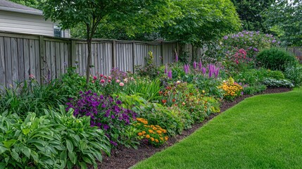 A suburban garden with a variety of plants, flowers, and trees, bordered by a wooden fence.