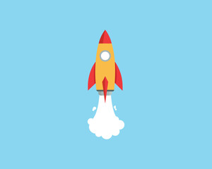 Rocket icon. Upward launch space rocket with white smoke from turbines isolated on white background