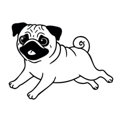 Fototapeta premium Outline of a playful pug dog in cartoon style. Vector hand-drawn doodle illustration