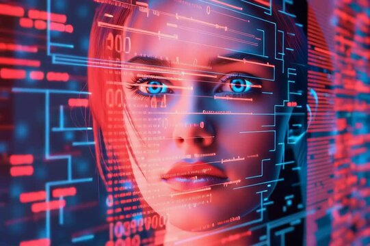 Un visage f&eacute;minin qui surgit d'une interface virtuelle, fusionnant avec des lignes de code et des donn&eacute;es num&eacute;riques, symbolise l'intelligence artificielle et la technologie futuriste