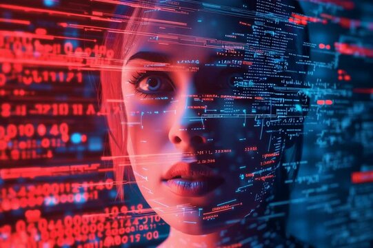 Un visage f&eacute;minin qui surgit d'une interface virtuelle, fusionnant avec des lignes de code et des donn&eacute;es num&eacute;riques, symbolise l'intelligence artificielle et la technologie futuriste
