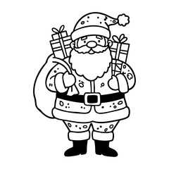 Fototapeta premium Jolly santa claus carrying gifts in festive attire. Vector hand-drawn doodle illustration