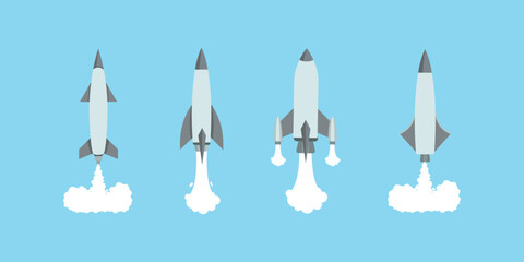 Set of military fighter aircraft missile rocket weapon. Different types of missiles. Missile launch, ballistic and cruise missile.