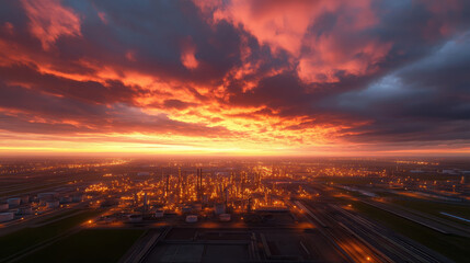 Fototapeta premium Aerial wide angle industrial refinery sunset dramatic sky glowing lights landscape