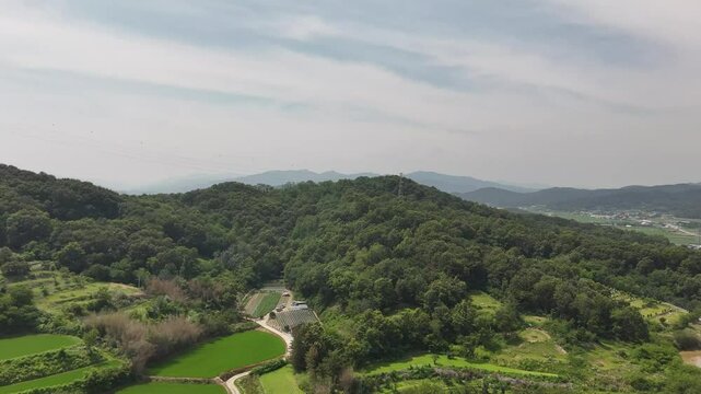 It was shot in Geumho-ri, Haepyeong-myeon, Gumi-si, Korea on July 3, 2025. This aerial view shows farmland, terraced fields on hills, and peaceful rural villages.