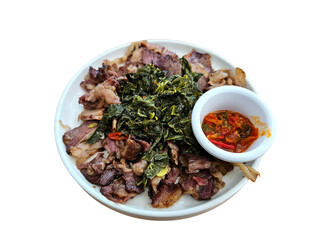 Grilled beef and greens with spicy chili sauce served on ceramic plate, ideal for culinary content, restaurant menu and authentic Asian food photography. Isolated on white background, transparent PNG
