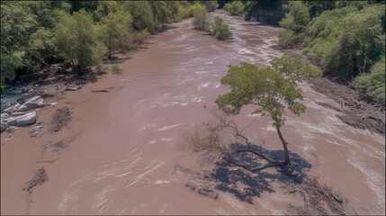 Aerial wide-angle view of flooded landscape with submerged fields and muddy river. Natural disaster captured by drone for emergency or climate stock content