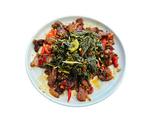 Colorful plate of sautéed beef and leafy vegetables, perfect for healthy food visuals or home-cooked meal inspiration. Isolated on white background, transparent PNG