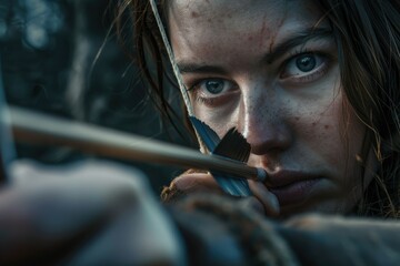 Vibrant Color Visual of Woman Preparing to Shoot Bow and Arrow in Hunting Scene