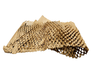 Folded kraft paper honeycomb wrap ideal for product cushioning, promoting sustainable packaging and plastic-free shipping visuals. Isolated on white background, transparent PNG