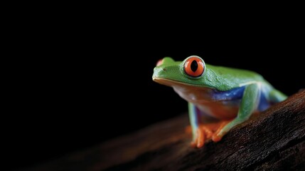 A vibrant green tree frog sits elegantly on a log. Its striking orange eyes stand out against the dark background. Perfect for nature lovers and wildlife photography. AI