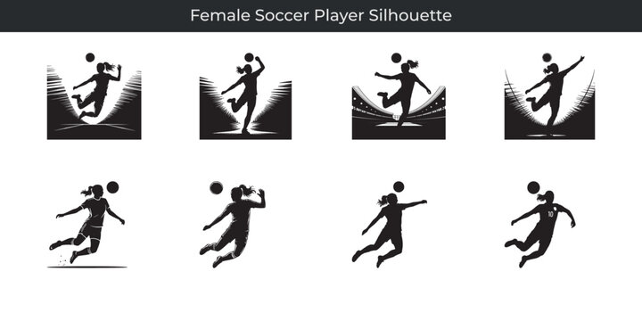 Dynamic silhouettes of a female soccer player displaying action in various playing styles - Powered by Adobe