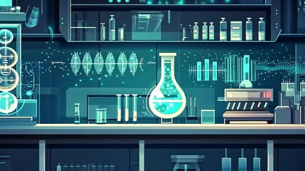 Futuristic laboratory filled with scientific equipment, glowing beakers, and research materials - Powered by Adobe